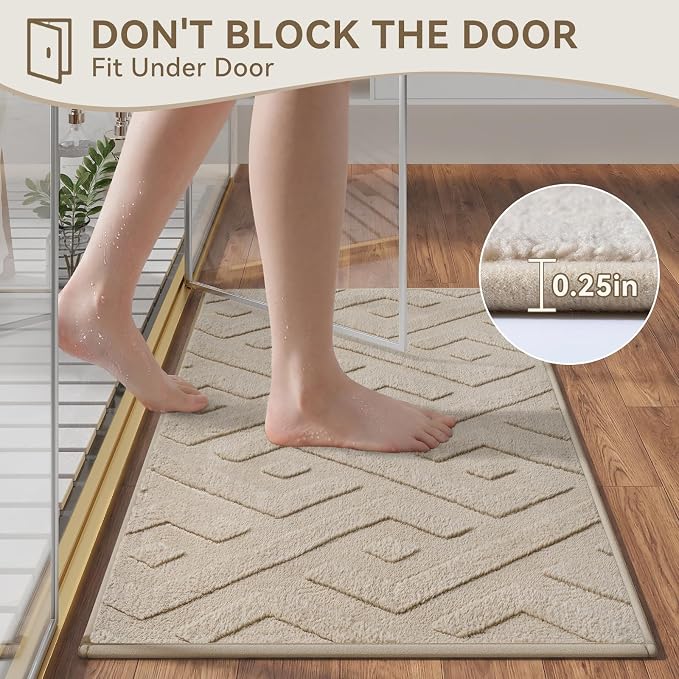 Non-Slip Bath Mat with Rubber Backing, 16x24-2pc Washable Thin Bath Mats for Bathroom Floor, Absorbent Bathroom Rugs, Quick Dry, Fits Under Door Brown