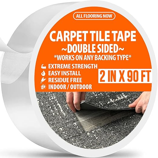 Carpet Tile Tape Double Sided 2in x 90ft - Heavy Duty Reinforced Web Mesh & Residue Free - Indoor Outdoor for Carpet Tiles, Hardwood, Vinyl, Rugs, Carpet, Rubber, Turf & Mat Gripper
