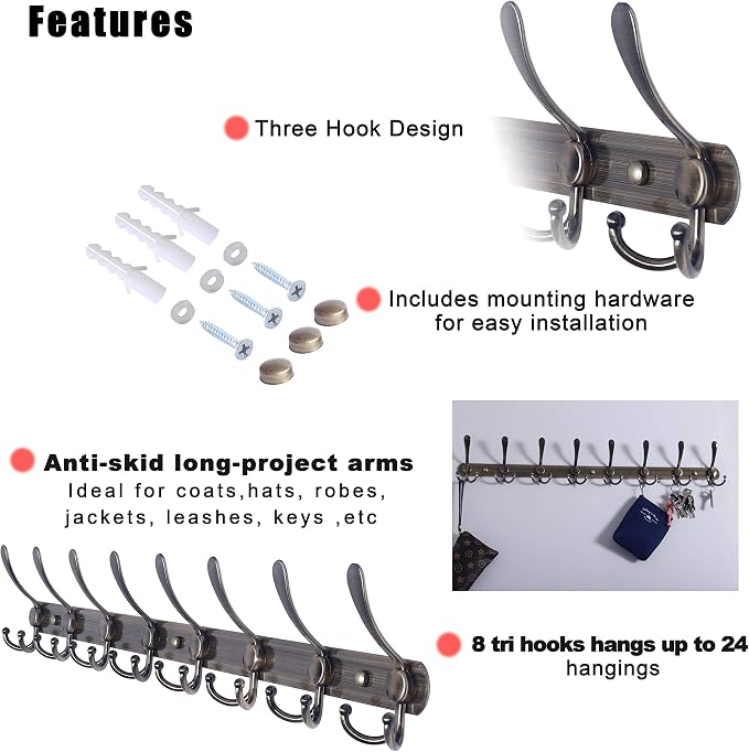 Dseap Coat Rack Wall Mount - 29.5” Long 8-Tri-Hooks Heavy Duty Coat Hanger Rail Wall Hooks for Hanging Coats Hats Clothing Clothes Purse Mudroom Entryway, Bronze