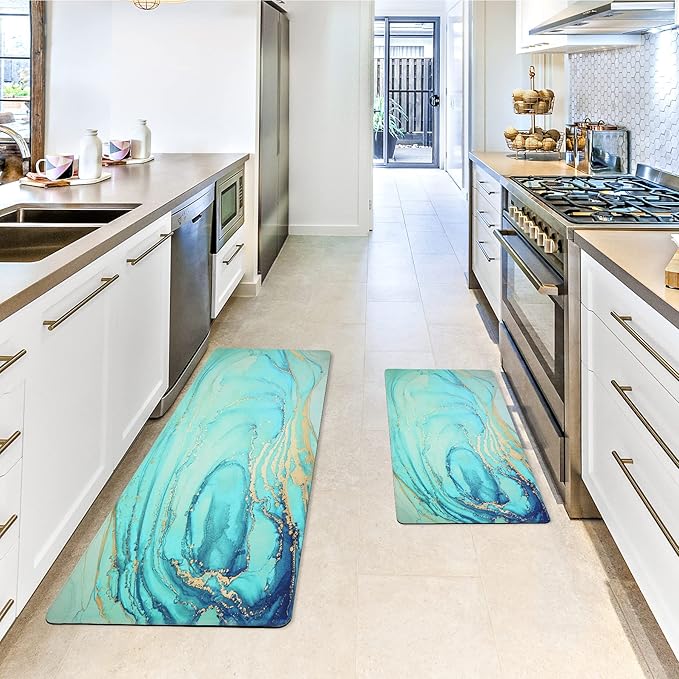 MAYHMYO Kitchen Rugs and Mats Set of 2 Teal Marble Gold Anti Fatigue Mat PVC Non Slip Turquoise Foam Cushioned Kitchen Mats for Floor Dining Room Home Office Sink Laundry