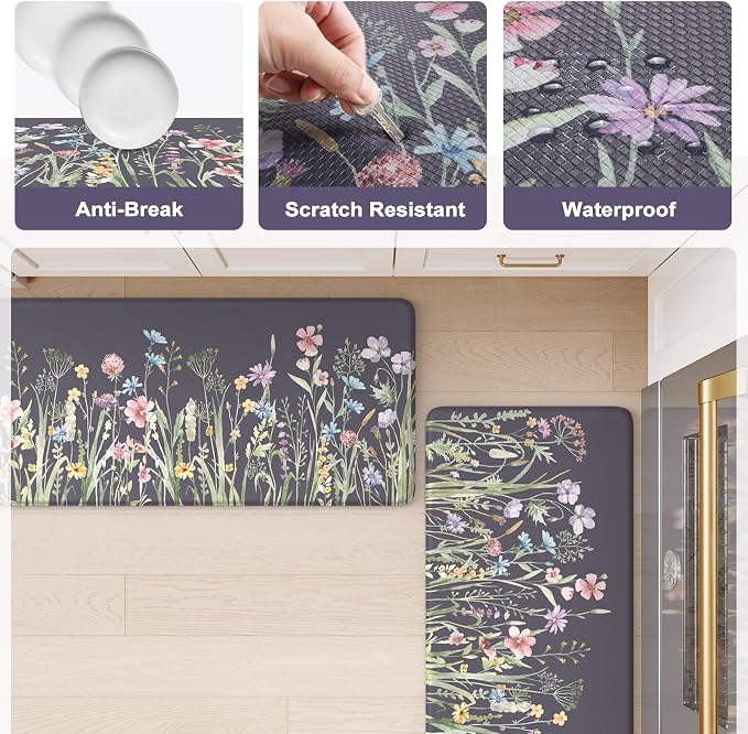 KIMODE Anti Fatigue Kitchen Mat for Floor, 17"x59"+17"x29" Floral Kitchen Rugs Sets of 2, Kitchen Floor Mats Non-Slip, Cushioned Standing Desk mat for Sink, Laundry, Office Dark Grey/Purple