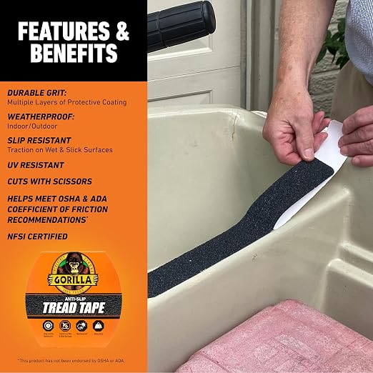 Gorilla Anti-Slip Tread Tape, 2" x 10' Roll, Black, (Pack of 1)