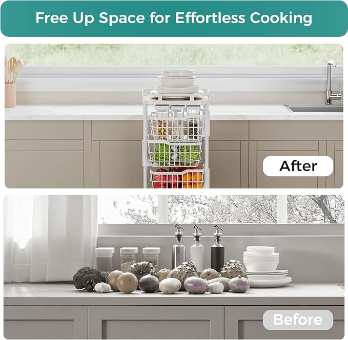 5 Tier Kitchen Fruit Vegetable Storage Cart with Rotating Basket, Rolling Rack Shelf Organizer Floor Stand on Wheel for Snack Spice Produce Veggie Onion Potato Bin, Vianderos Para Cocina, White