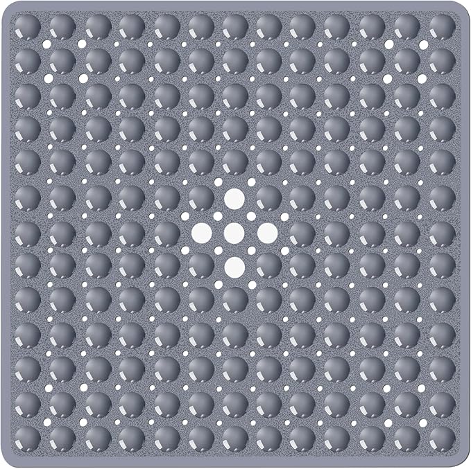Gray Square Shower Bathtub Mat Non Slip 21x21 Inch, Soft Bath Mat for Inside Shower Tub, Shower Stall Mats for Bathroom Floor with Big Suction Cups Drain Holes, Easy Washable Dry BPA-Free