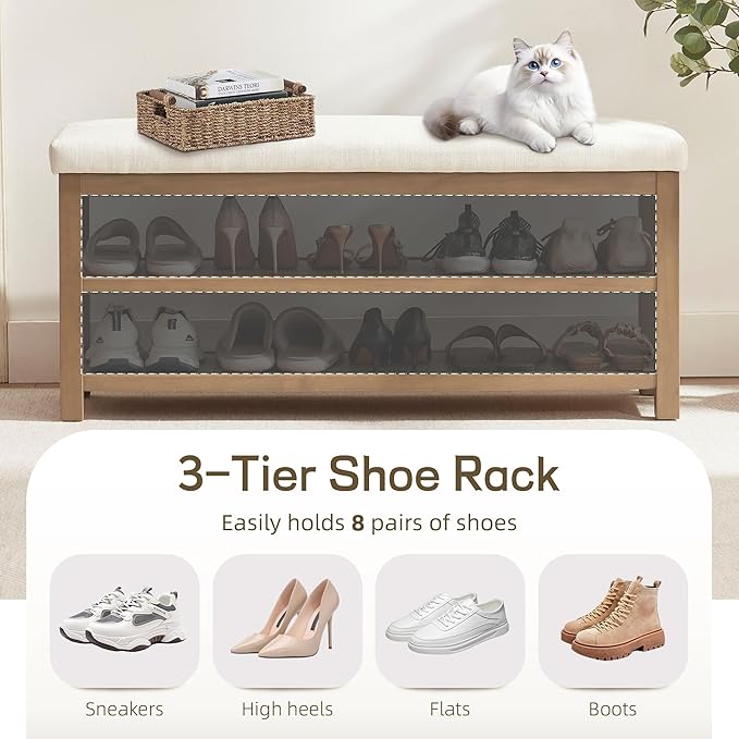 Zihanhome 2 Tier Shoe Rack Bench with Cushion, Solid Wood Shoe Benches, Mid-Century Modern Shoe Storage Bench for Entryway, Hallway, Living Room, Closet, Front Door Entrance, (Beige, 39.4")