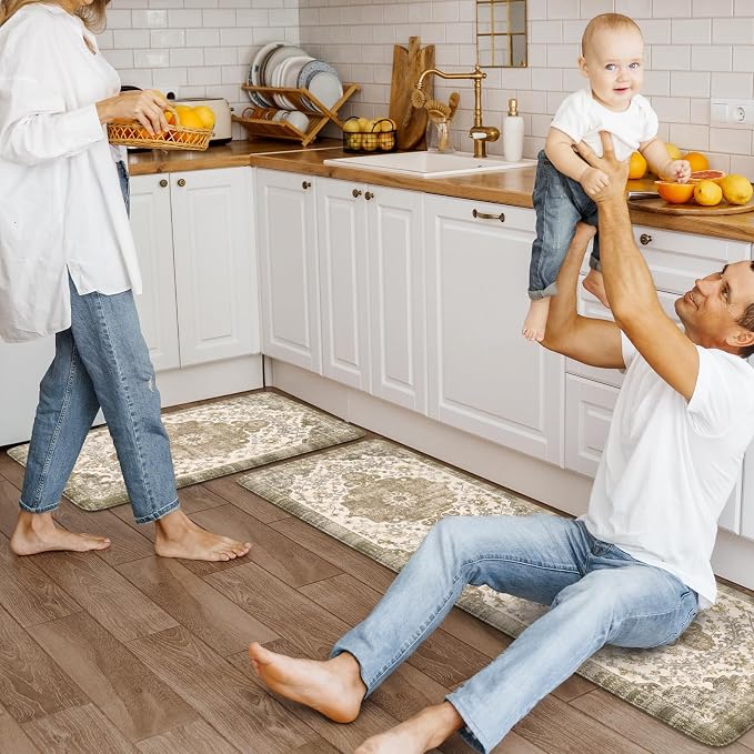 KIMODE Anti Fatigue Mats for Kitchen Floor 2 Piece, Boho Floral Kitchen Rugs Non Slip, Cushioned Kitchen Floor Mats, Comfort Standing Desk Mat for Sink, Laundry, Desk Khaki Multi 17"x47"+17"x29"