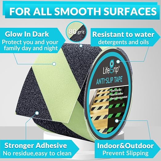 LifeGrip Anti Slip Traction Tape with Glow in Dark Green, 4 Inch x 38 Feet - Best Grip, Friction, Abrasive Adhesive for Stairs, Tread Step, Indoor and Outdoor, Green/Black (4 inch X 38 feet)
