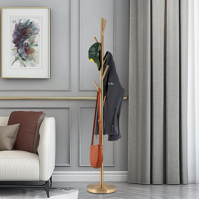Kira Home Addison 68" Modern Gold Standing Coat Rack with 6 Hanging Hooks, Sleek Metal Gold Coat Stand with Weighted Base, Cool Brass Finish