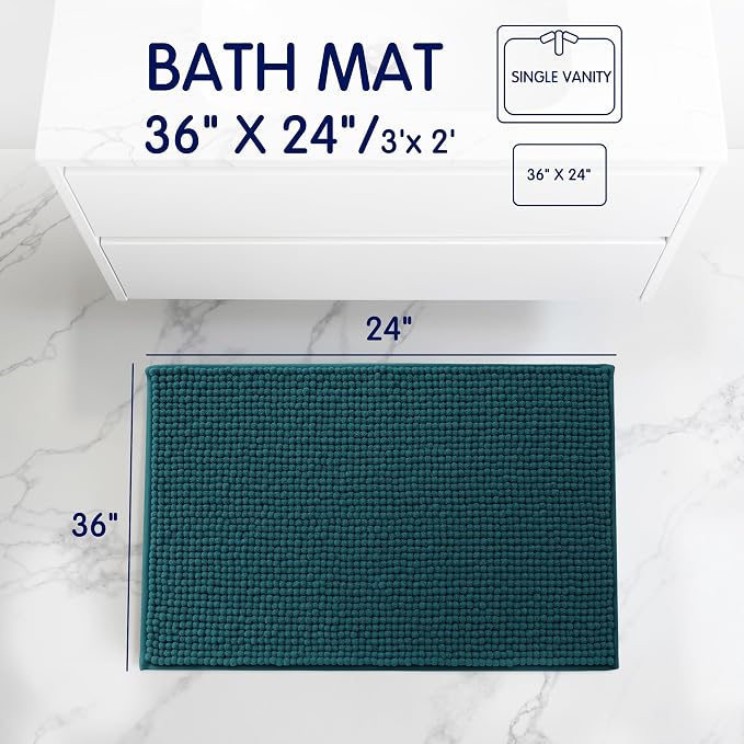 SUBRTEX Bathroom Rugs, 24" x 36" Chenille Bath Rug Soft Short Plush Bath Mat Soft Shower Mat Water Absorbent Shower Mat Quick Dry Machine Washable, Teal