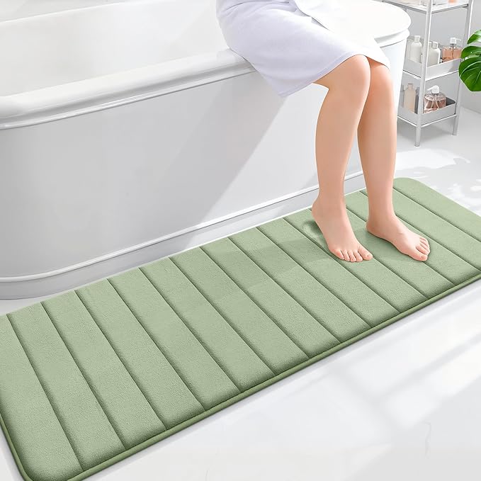OLANLY Memory Foam Long Bathroom Rugs Runner 59x20, Super Soft Absorbent Bath Mat, Quick Dry, Machine Washable Shower Floor Rugs, Bathmat Carpet, Bathroom Home Decor Accessories, Sage Green