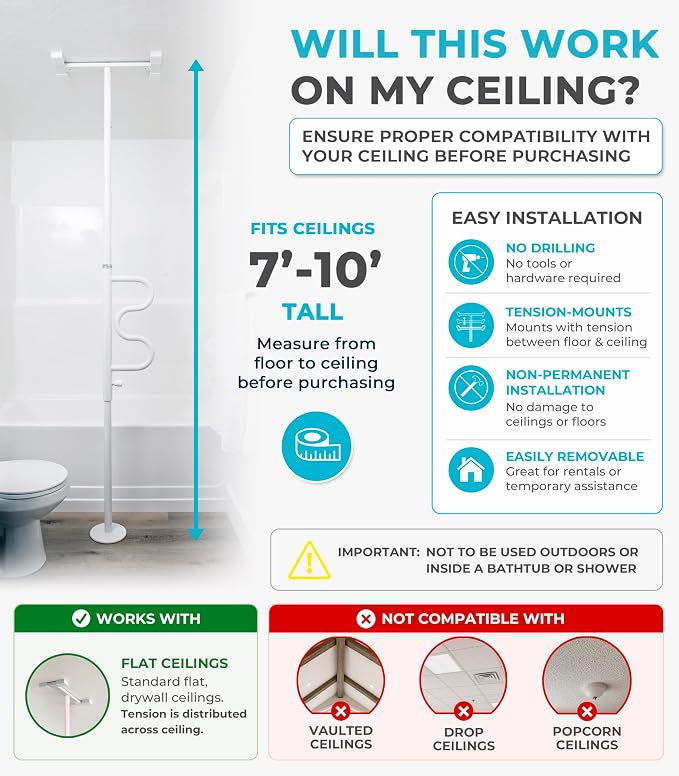 Stander Wonder Pole Plus with Rotating Double Grab Bar, Tension Mounted Security Pole for Seniors & Elderly Adults, No-Drill Floor to Ceiling Transfer Pole for Home & Bath Safety, White