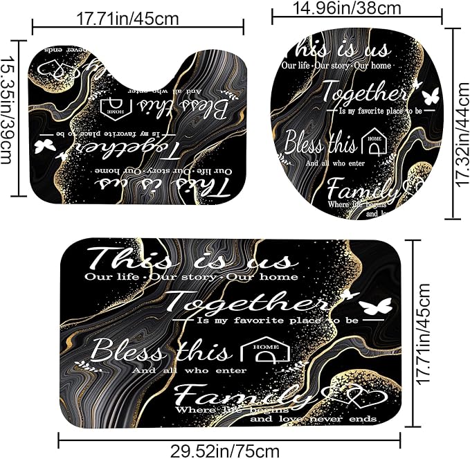 4Pcs Family Marble Shower Curtain Sets with Rugs,Black Home Inspirational Bathroom Decor Set, Bathroom Sets with Shower Curtain and Rugs, Waterproof Bathroom Shower Curtains, with 12 Hooks