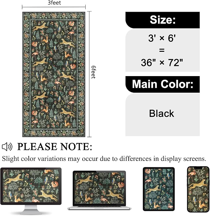 DUKINO 3x6 Washable Runner Rug, Low Pile Animal Print Non Slip Runner Rug for Kitchen, Lightweight & Non Shedding Indoor Carpet for Hallway, Kitchen, Entryway, Bathroom, Laundry, Black