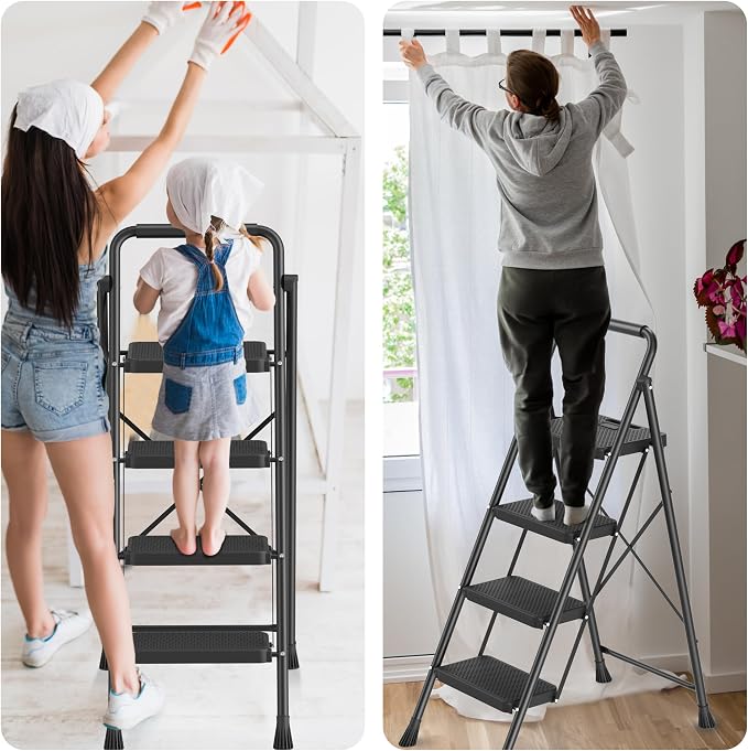 Step Ladder, Portable Steel Folding Step Stool with Wide Anti-Slip Pedal & Convenient Handgrip, Sturdy Steel Ladder, 4-Step, Black