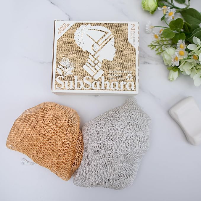 SubSahara Authentic African Net Sponge - 2 Pack Exfoliating Bath & Shower Loofah Sponge for Body & Face, Gentle Scrubber for All Skin Types, Travel, Durable