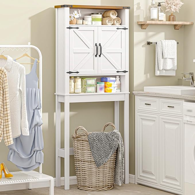 Halitaa Over The Toilet Storage Cabinet, Farmhouse Over Toilet Bathroom Organizer with 2 Barn Doors, Narrow Above Toilet Storage Cabinet, Behind Toilet Bathroom Organizer, White and Brown