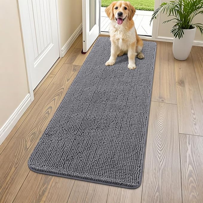 Smiry Dog Door Mat for Muddy Paws 54x24, Absorbent Dirt Trapper, Non-Slip Washable Chenille Entryway Rug for Inside Floor, Dark Grey, Classic Solid