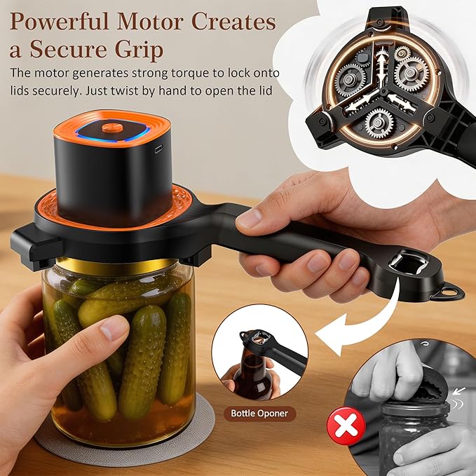 Electric Jar Opener for Seniors with Auto-Adjusting Gripper, Rechargeable Jar & Bottle Openers for Weak Hands & Arthritis, Easy Twist Off Lid Opener with Rubber Gripper Pad, Fits 1"-3.5" Lids(Orange)