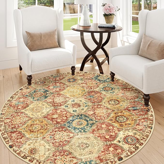 Lahome Moroccan Trellis Washable Round Rugs, Non-Slip Soft Round Rug 4ft Ultra-Thin, Small Vintage Circle Carpet for Entryway Kitchen Bedroom Nursery Bathroom Elise, Red/Orange