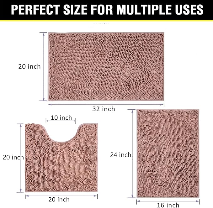 Bathroom Rugs Chenille 3-Piece Extra Soft and Absorbent Shag Bathroom Rugs, Machine Wash Mat, Strong PVC Non-Slip Underside, Plush Carpet Mats (Deep Pink)