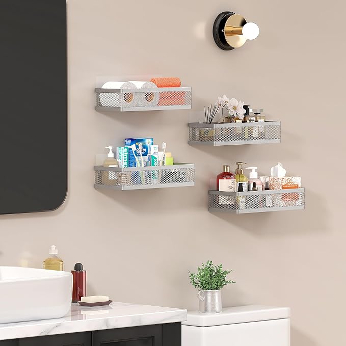 PUSDON Mesh Shower Caddy Wall Mount, Heavy Duty Adhesive Bathroom Shelf Organizer, Rustproof Floating Spice Rack for Kitchen Pantry, Holds 50 LBS, Multi-Purpose Storage Silver Gray -2 Packs (Netting)