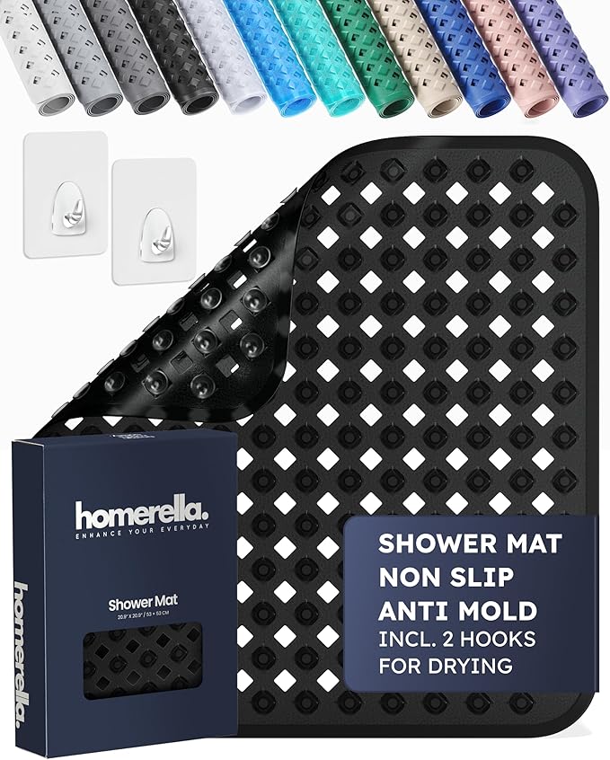 homerella® Shower Mat Non Slip Anti Mold, Non Slip Shower Mats for Inside Shower Stall Anti Slip Mat, Square Shower Floor Mat 21 x 21 in with Suction Cups & Hooks for Quick Drying, Machine Washable