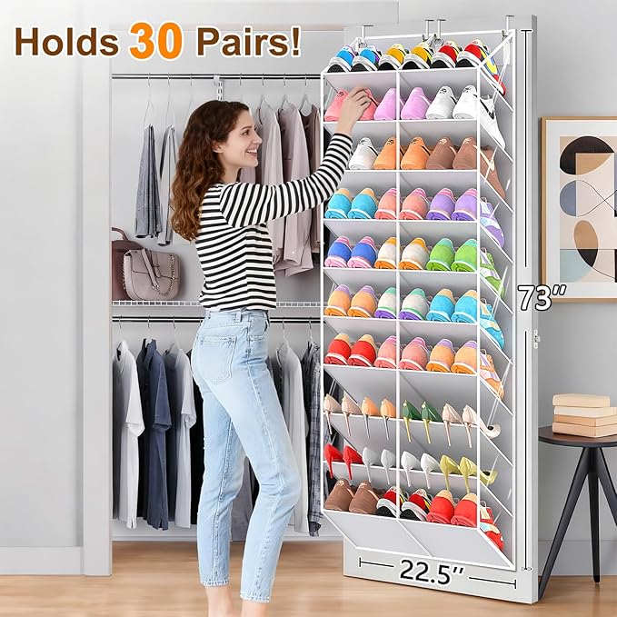 UVIAHOMI 20-30 Pairs Over the Door Shoe Organizer, Clear Pockets Hanging Shoe Storage for Closet, 10-Tier Door Shoes Rack, Handing Shoes Holder Fit All the Family's Sneakers, Boots, Heels, Light Grey