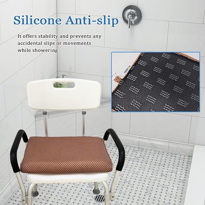 REEZEIVI Shower Seat Cushion with Non-Slip Silicone Bottom,Soft 4D Mesh Fabric,Bathtub Chair Pad for Elderly,Quick Drying and Washable Shower Mat, Design for Elderly, Senior, Handicap,Disabled,Brown