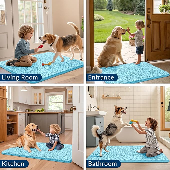 Smiry Dog Door Mat for Muddy Paws 36x24, Absorbent Dirt Trapper, Non-Slip Washable Chenille Entryway Rug for Inside Floor, Sky Blue, Classic Solid