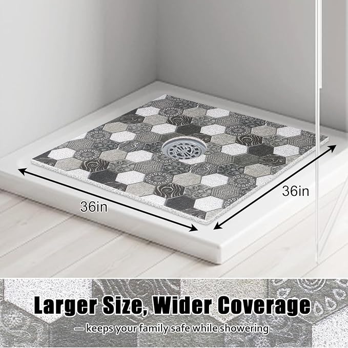 Large Shower Mat Non Slip, 36x36 Inch Shower Floor Mat with Drain Hole in Middle, Super Soft and Comfortable PVC Loofah Massage Bath Mat for Shower, Anti Slip Shower Stall Mat, Quick Drying