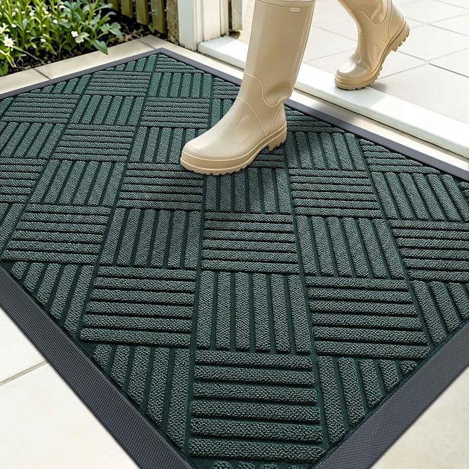 OLANLY Front Door Mat Outside Entrance 35x23, Absorbent, Heavy Duty Sturdy Natural Rubber Doormat Indoor Outdoor, Stain Fade Resistant, Non-Slip Low Profile Floor Mat for Entryway, Black Green Diamond