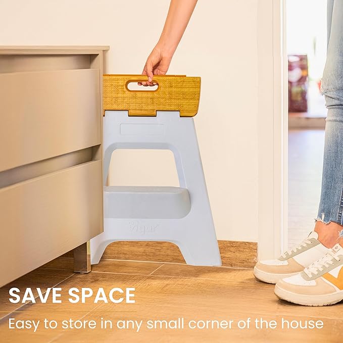 Vigar Compact Folding Step Stool - 16 Inch 2 Step Foldable Step Stool for Adults, Lightweight Portable Stool with Handle, Non Slip Step Stool, Space-Saving Stool up to 330 lb - Grey, Bamboo Print Top
