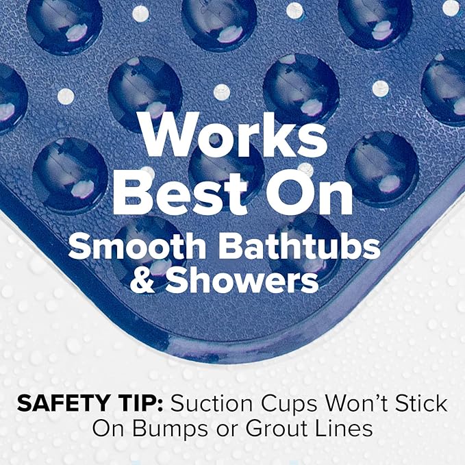 SlipX Solutions Power Grip Extra Long Bath Tub & Shower Mat 39x16, Wet Floor Non-Slip for Elderly & Kids Bathroom, 30% Longer Bathtub Mats, 200 Suction Cups, Drain Holes (1, Navy)