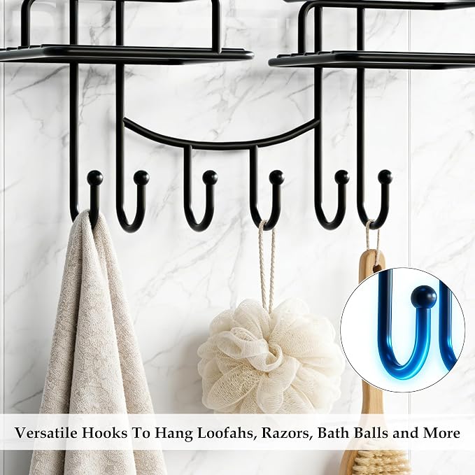 SRIWATANA Shower Caddy Hanging Over Head, Bathroom Shower Organizer Shower Rack Holder with Hooks for Razors - Black
