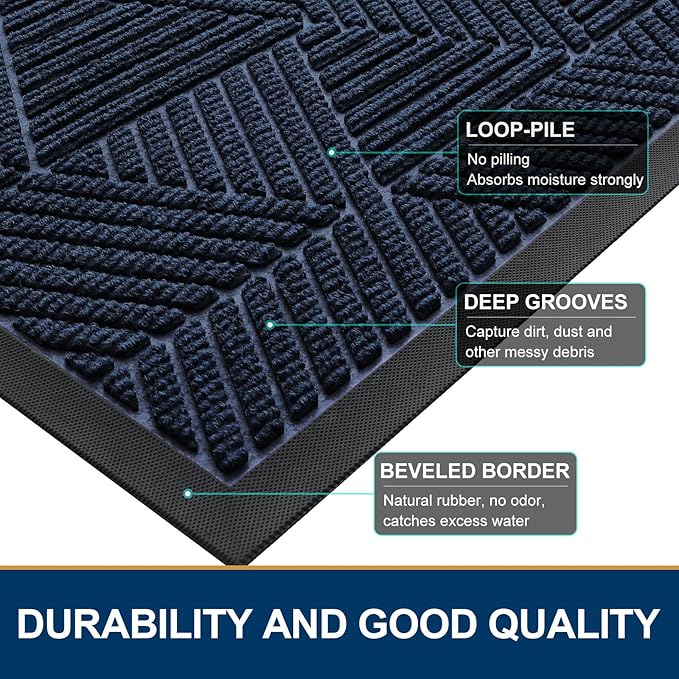 Smiry Front Door Mat Outside Entrance, Heavy Duty Sturdy Natural Rubber Doormat, Trap Dirt and Moisture, Easy Clean Low Profile Welcome Floor Mats for Indoor Outdoor Entry, 59x23 Inch, Navy Blue