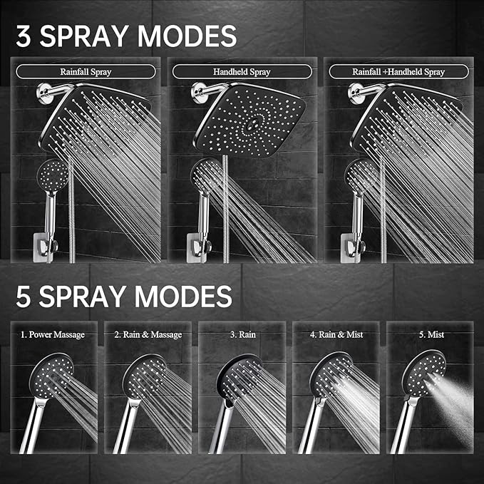 Veken 11.8 Inch Rain Shower Head with Handheld- High Pressure Dual Shower Heads with 5 Modes Hand held Spray Combo- Wide Rainfall Showerhead with Hose, Bathroom Accessories, Chrome