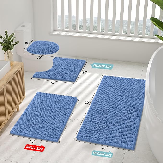 Smiry Luxury Chenille Bathroom Rugs 30x20, Extra Soft and Absorbent Shaggy Bath Mat, Machine Washable, Non-Slip Plush Carpet Runner for Tub, Shower, and Floor, Home Decor Accessories, Cornflower Blue