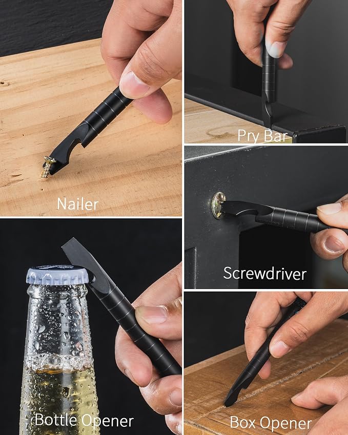 TISUR Titanium EDC Pry Bar, Keychain Prybar Multitool With Bottle Opener, 6 in 1 Portable Pocket Mini Crowbar Tool (Black)
