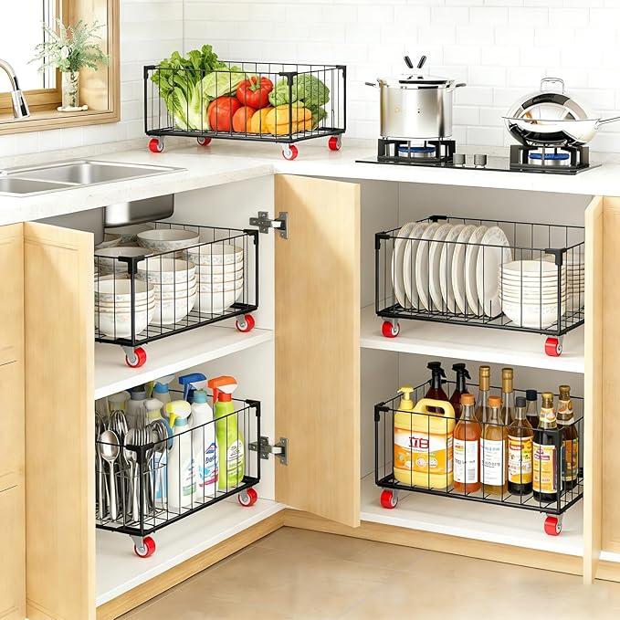 2Pack, Under Sink Organizer,Cabinet Organizers and Storage, Metal Storage Basket,Large capacity, Can Hold 40-70 Liters, Easily Push And Pull, Convenient For Cleaning Under Sink