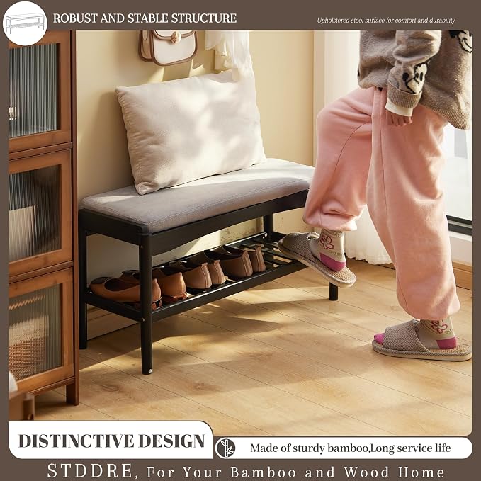 STDDRE Shoe Bench Entryway Bamboo 2-Tier Shoe Rack with Cushion Padded Seat Shoe Bench Organizer Stable for Hallway, Living Room, Bedroom(31.5 * 11.4 * 16.5IN, Black-Gray)