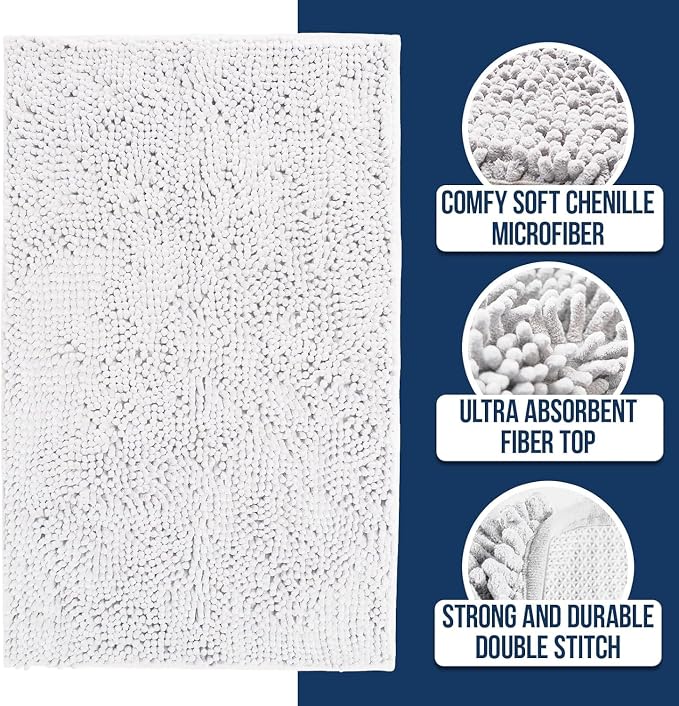 Muddy Mat® | Chenille Bathroom Rugs Quick Dry Microfiber Mats Non Slip Washable, Extra Thick, Soft and Highly Absorbent Bath Mats for Bathroom, Kitchen, and Shower Floor - White 36"x60"