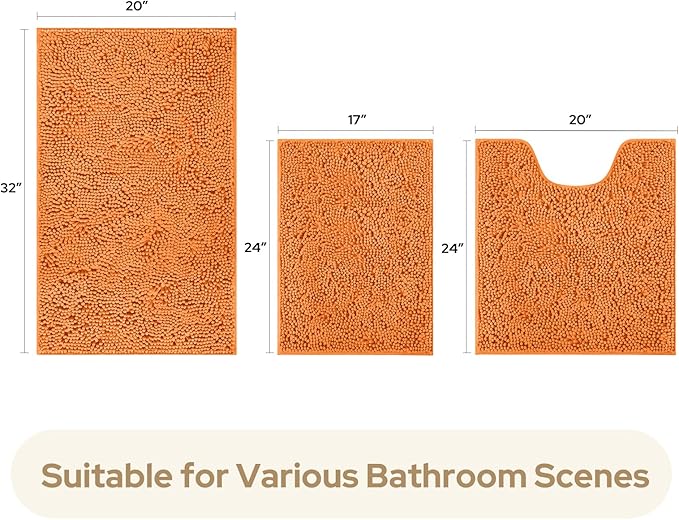 HOMEIDEAS 3 Pieces Bathroom Rugs, Ultra Soft Non Slip Absorbent Chenille Toilet Bath Mat Set (Orange)