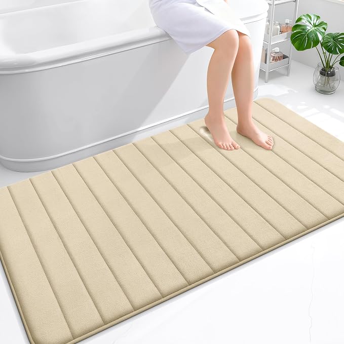 OLANLY Memory Foam Bath Mat 59x35, Super Soft Absorbent Bathroom Rugs, Quick Dry, Machine Washable Shower Floor Rugs, Bathmat Carpet, Bathroom Home Decor Accessories, Beige