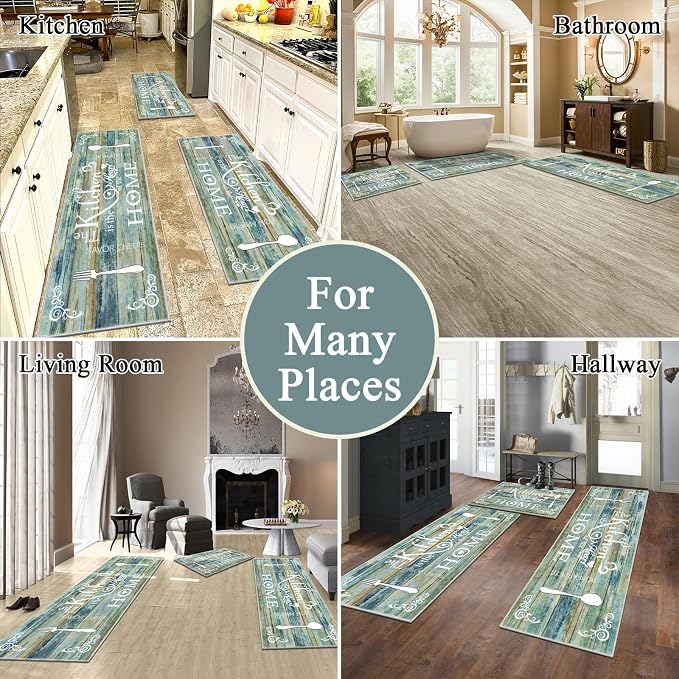 Vaukki Boho Kitchen Rug Sets 3 Pieces, Washable Kitchen Mats for Floor, Non Slip Soft Kitchen Area Rug Floor Mat for Kitchen, Laundry Room and Hallway (Teal and Brown, 20''x32''+20''x47''+20''x59'')