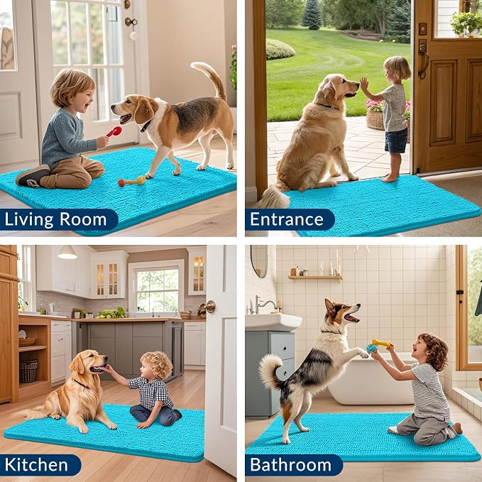 Smiry Dog Door Mat for Muddy Paws 40x32, Absorbent Dirt Trapper, Non-Slip Washable Chenille Entryway Rug for Inside Floor, Aqua Blue, Classic Solid