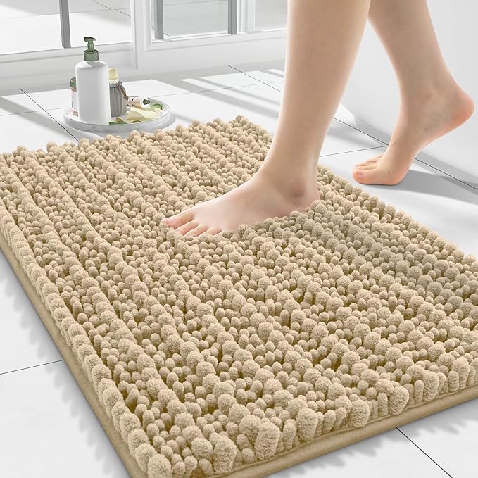 Smiry Bathroom Rugs Mat 24x16, Extra Soft Absorbent Chenille Bath Rugs, Non Slip Rubber Backing Machine Washable Quick Dry Bath Mats for Bathroom Floor, Tub, Shower, Home Decor Accessories, Beige