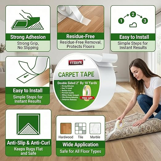 YYXLIFE Double Sided Removable Rug Tape - Carpet Adhesive for Hardwood Floors,Non Slip Anti Curling Floor Tape for Area Rugs,Mats,Carpets - No Residue Strong Hold for Tile, 2Inch x 10Yards,White