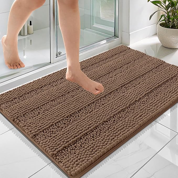 OLANLY Thick Bathroom Rugs 36x24, Extra Soft Absorbent Chenille Striped Bath Rugs, Rubber Backing, Machine Wash Dry, Bath Mats for Bathroom Floor, Tub and Shower, Home Decor Accessories, Mocha