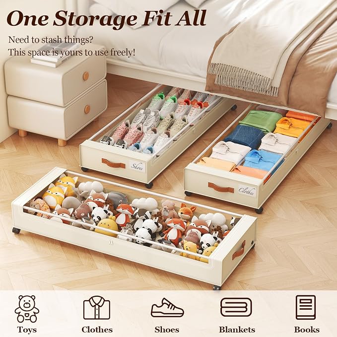 Yecaye Under Bed Storage with Wheels 2 Pack, 85 L Extra Large Under Bed Storage Containers with Metal Frame & Clear Lid, Rolling Underbed Organizer Bins Drawers for Clothes, Shoes, Blankets, Beige