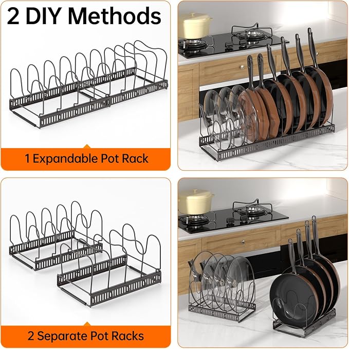 MUDEELA Pots and Pans Organizer Rack for under Cabinet, Expandable Pot Lid Kitchen Cabinet Organizer Holder with 10 Adjustable Compartment Cutting Board Organizer for Pan Lid Cookie Sheet Rack, Bronze